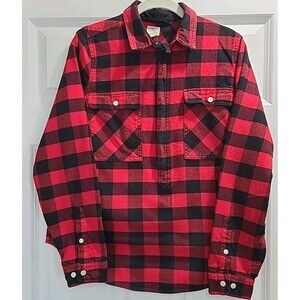 J Crew Small Black Red Buffalo Plaid 1/2 Zip Pullover Flannel Barn Shirt Shacket